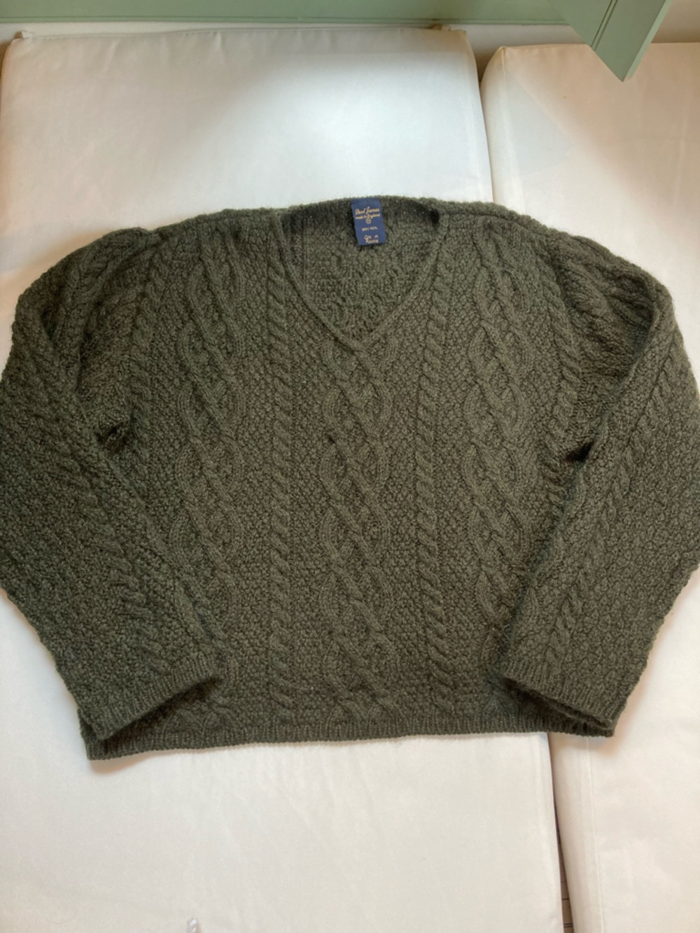 Paul James Made in England 100% Wool Cable Knit Sweater Boxy Crop fisherman gorp
